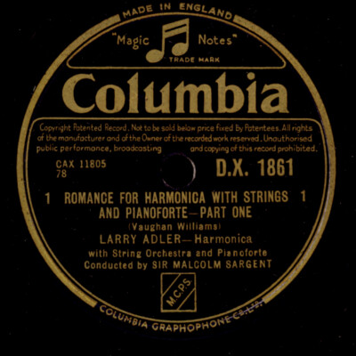 LARRY ADLER -HARMONICA- Vaughan Williams: Romance for Harmonica... 78rpm  G4133