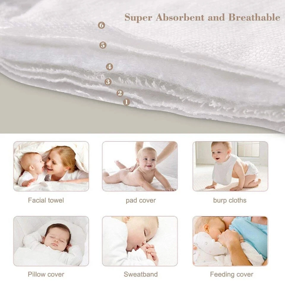 棉预折叠布尿布 - 100% 未漂白优质棉,6 层婴儿... — 第 2/4 张图片