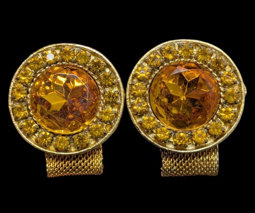 Vintage Large Golden Yellow Rhinestone Mesh Wraparound Men's Jewelry Cuff Links - Picture 2 of 11