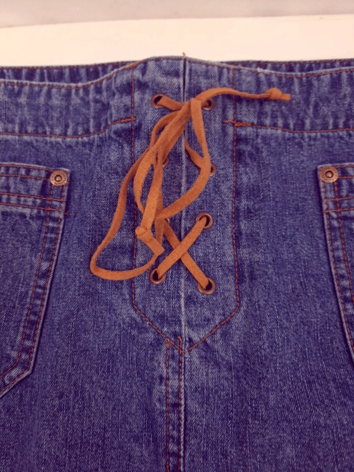 COVINGTON 100 % Azul Algodón Denim Línea A Estilo Falda Cuero Acento Para Mujer Talla 16 Foto 4 de 4