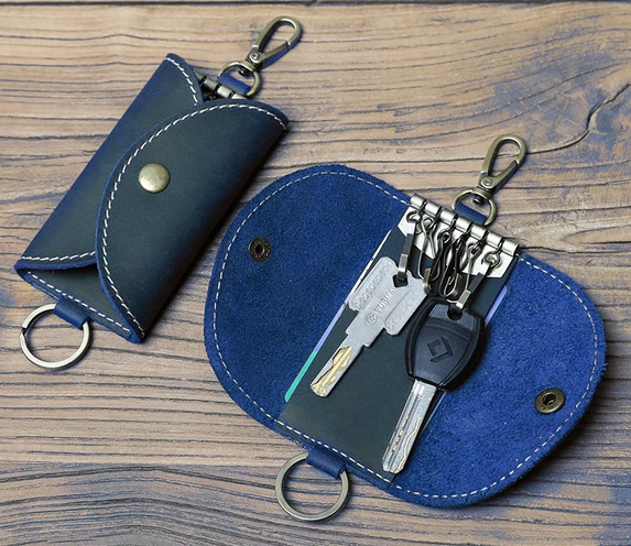 Hombres Mujeres Llavero Estuche Anillo Soporte Bolsillo Genuino Vaca Cuero Bolsa Azul H343 Foto 2 de 3