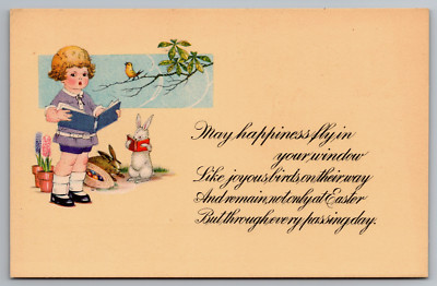 Easter Postcard Blond Child and Bunny Rabbit Reading Book Yellow Bird Vintage