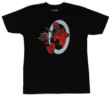 Deadpool Marvel Comics Mens T-Shirt - Portal popping Cake Serving Wade Image