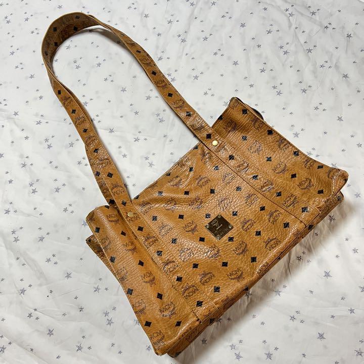 MCM Tote Bag Shoulder Bag Brown Genuine Leather Logo 25×38×14cm