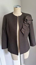 Nipon Boutique Women's Brown Solid Collarless Ruffle Lined 3/4 Sleeve Blazer 6