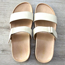 Vionic Women  s Beige Faux Leather Double-Strap Slide Sandals Buckle, 8