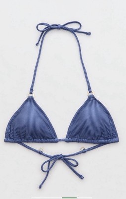 Aerie Women's Shine Rib String Triangle Bikini Top Size Large Marbled Blue NWT