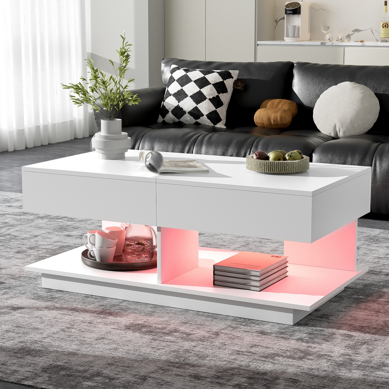 Extendable Coffee Table 41-77" Hidden Storage Compartment Center Table LED Light