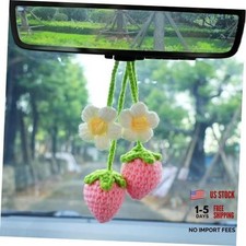 Crochet Strawberry Car Accessories  Cute Rearview Mirror Decor Hanging Pink