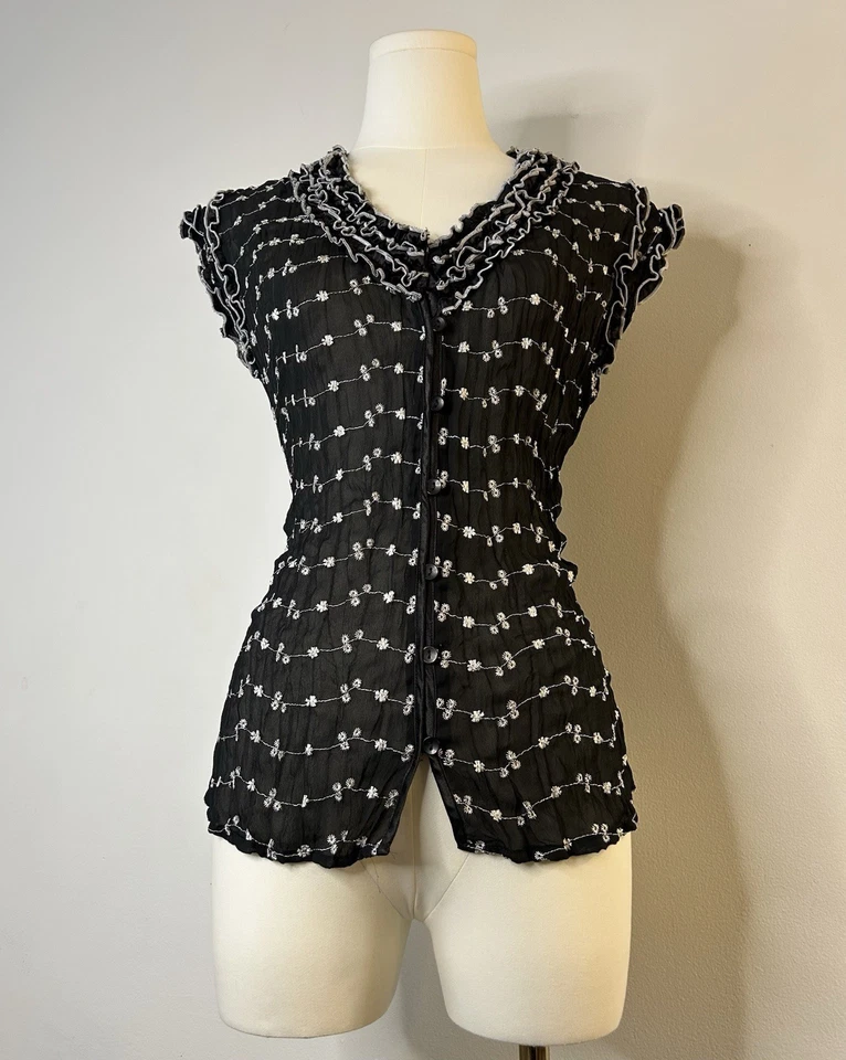 Top Whimsigoth Fairycore negro blanco con ojales crujientes con volantes coqueta para mujer’s L Foto 4 de 4