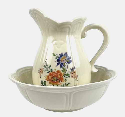 McCoy White Ironstone Pitcher and Bowl 7529 Ribbed & Flower Design 70s Vintage