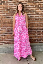 NEW Beachtime by Lulu-B Pink Tropics Maxi Dress UPF 50+ Tiered Ruffle Pockets L
