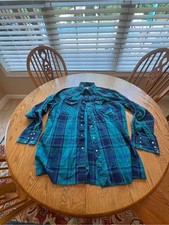 Vintage Wrangler Shirt Mens XL Pearl Snap Blue Teal Plaid Country Western