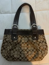 Coach Signature Logo Brown/Tan Medium Zip Top Shoulder Bag, Silver Hardware