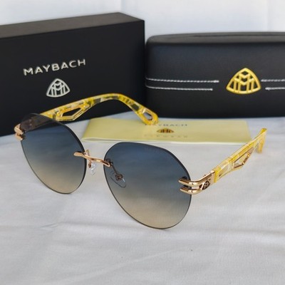 MAYBACH Rimless Sunglasses Dark Grey Yellow Gradient Lens Yellow Marble Temples