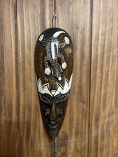Tiki Art Wood Reptile Mask African Gecko Wall Decor Hanging Hand Carved Brown 8"