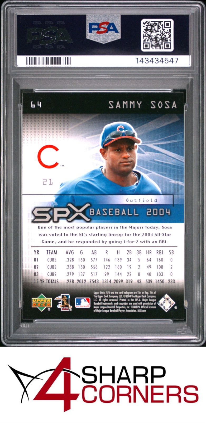 2004 SPx #64 SAMMY SOSA CUBS POP 1 PSA 10 view 2