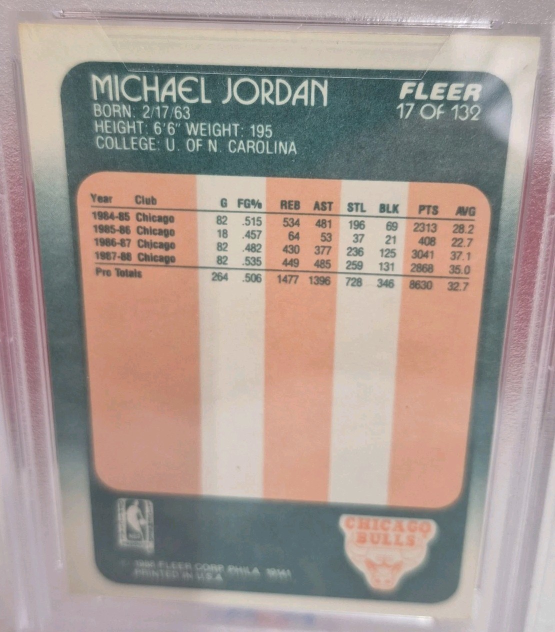 88-89 FLEER MICHAEL JORDAN #17 BASKETBALL CARD PSA 7 NM, VINTAGE BULLS LEGEND  view 5