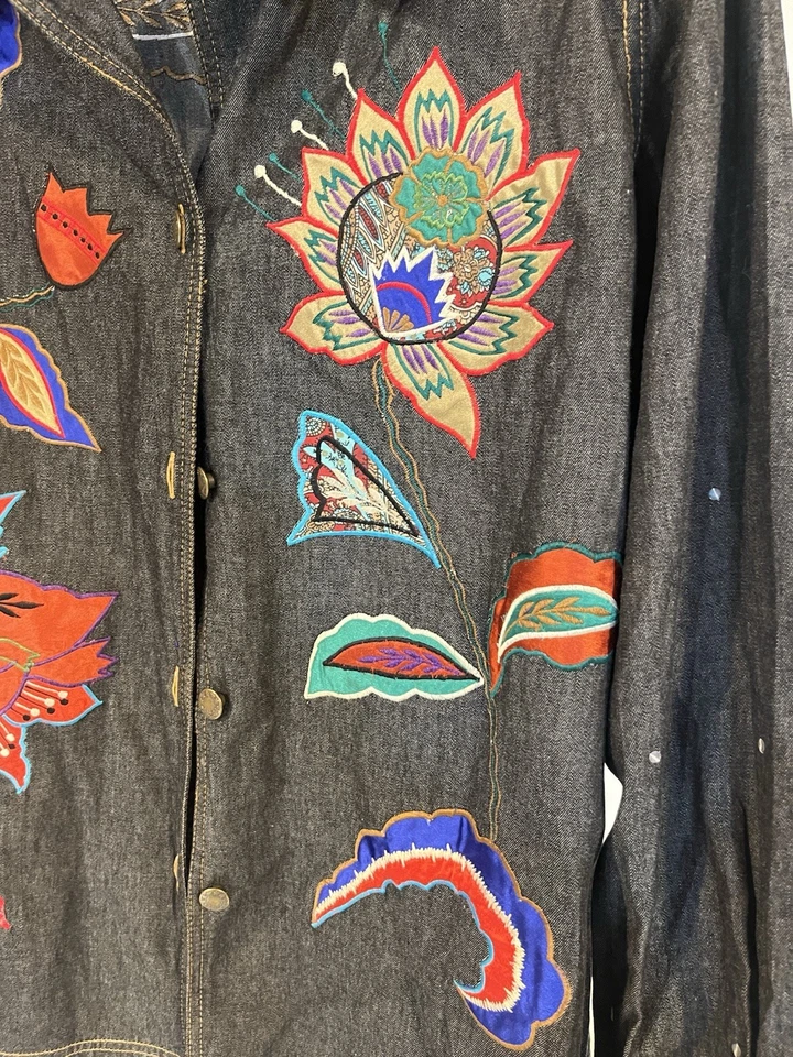 Alex Kim Vintage Denim Shirt Jacket Y2K Artsy Embroidered; Size Large - Image 4 of 4