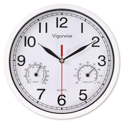 8 Inch Wall Clock with Temperature & Humidity, Battery Operated Aluminum Frame W