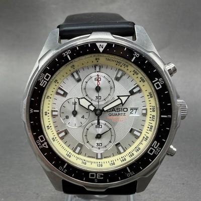 Casio Chronograph Watch Men 45mm Silver Dial Silver Tone Date AMW-330 New Batt H