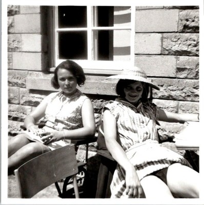 1965 Vernacular Snapshot Two Young Women Seated on Stone Step Piddle & Friend