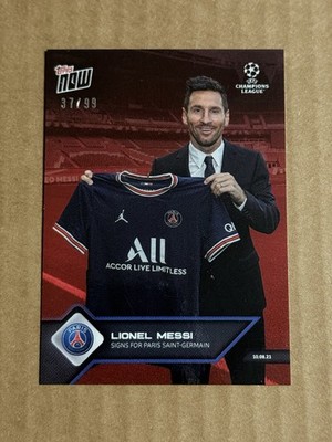 2021 UCL TOPPS NOW Card #12 Lionel Messi Signs for Paris Saint-Germain RED 37/99