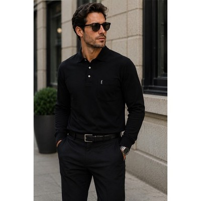 Vintage Yves Saint Laurent Paris Black Long Sleeve Polo Shirt YSL Logo Men's L