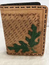 Vintage Brown Leather Hand Tooled Wallet 4.5 x 3.5 Bifold Basket Weave Leaves