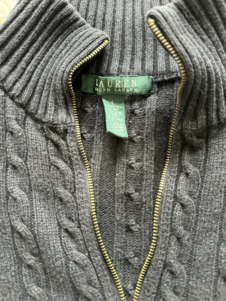 Cárdigan Suéter Lauren Ralph Lauren Para Mujer L Tejido con Cable Cremallera Negro Logo RL Foto 4 de 4