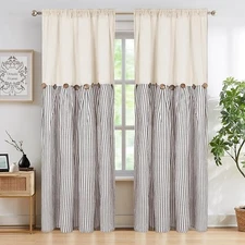 Boho Rustic Button Cotton Linen Farmhouse Striped  Curtains   52 x 84" 2 Panels