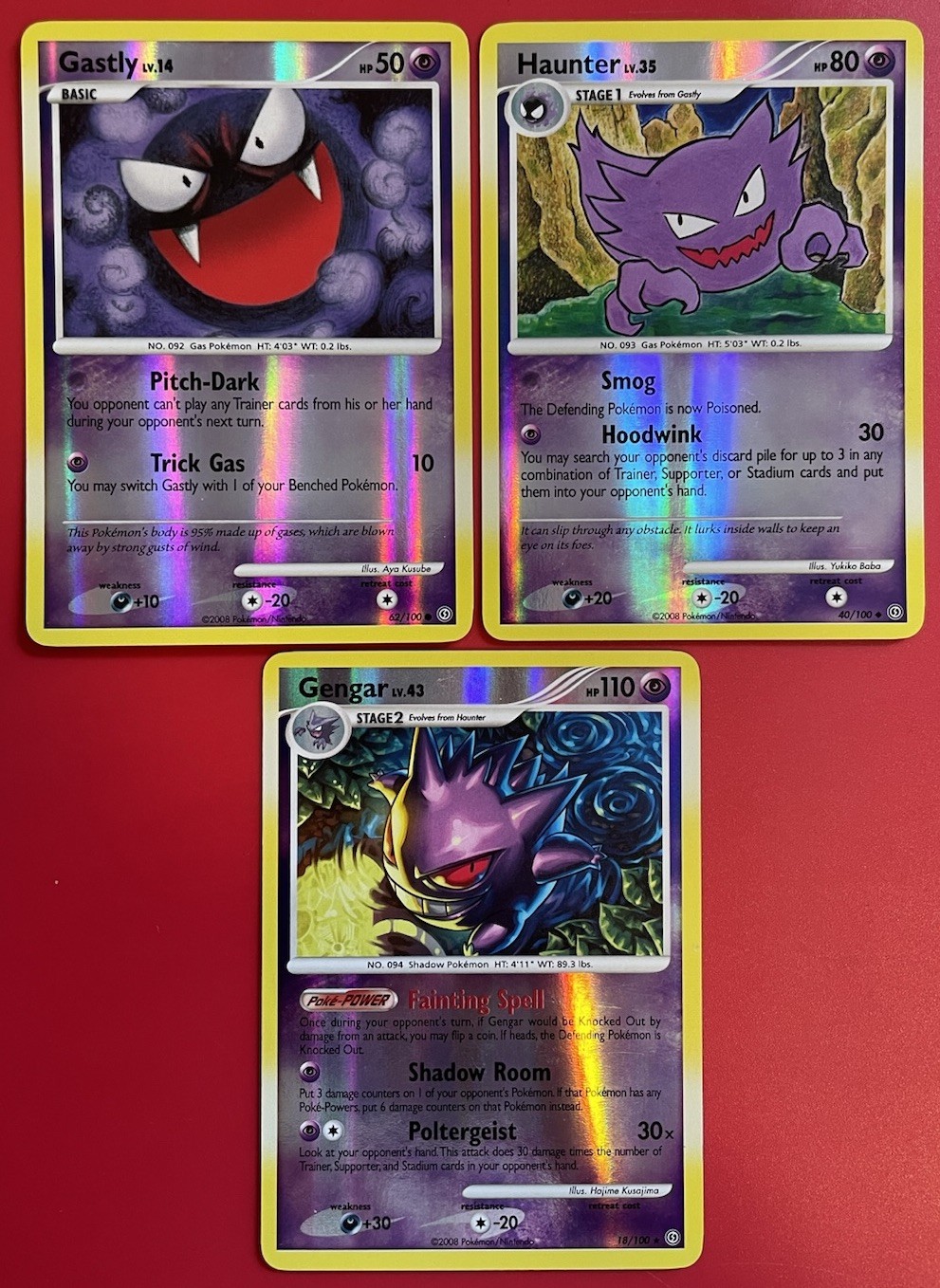 Pokemon Gastly 62/100, Haunter 40/100 & Gengar 18/100 - Stormfront Reverse Holo
