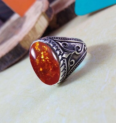 Solid 925 Sterling Silver Natural Baltic Amber Gemstone Huge Men's Unisex Ring