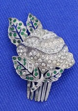 VTG Antique Rhinestone Roses Floral Hair Ornament Comb Pin Rhodium Plate Bride