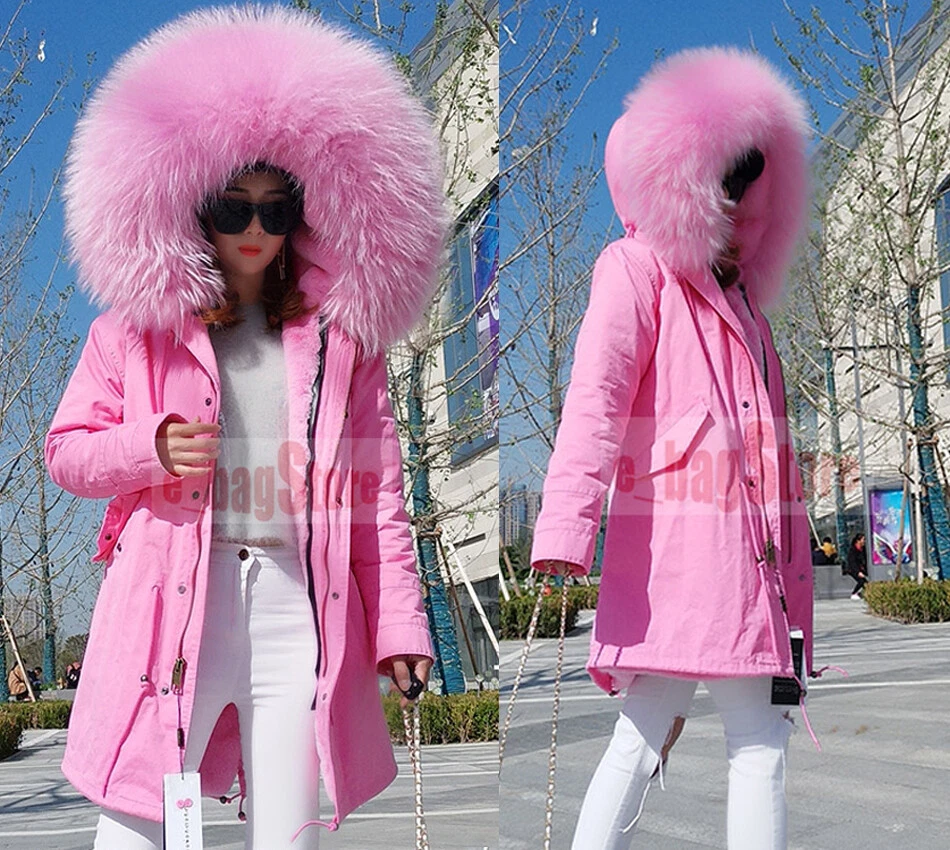 Women s Large Fluffy Real Raccoon Fur Long Coat Hooded Jacket