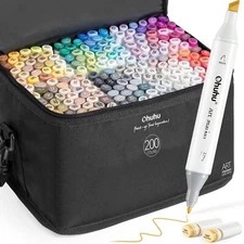 Ohuhu Alcohol Markers 200 Colors - Chisel & Fine Dual Tip Art Drawing Marker Set