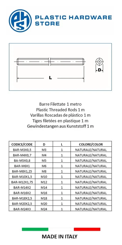 Barre/aste filettate in plastica - 1 metro - Plastic Hardware Store - Immagine 2 di 2