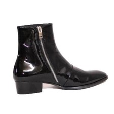Mens Ankle Boots Motorcycle Cowboy Glossy Shiny Leather Shoes Side Zipper Casual