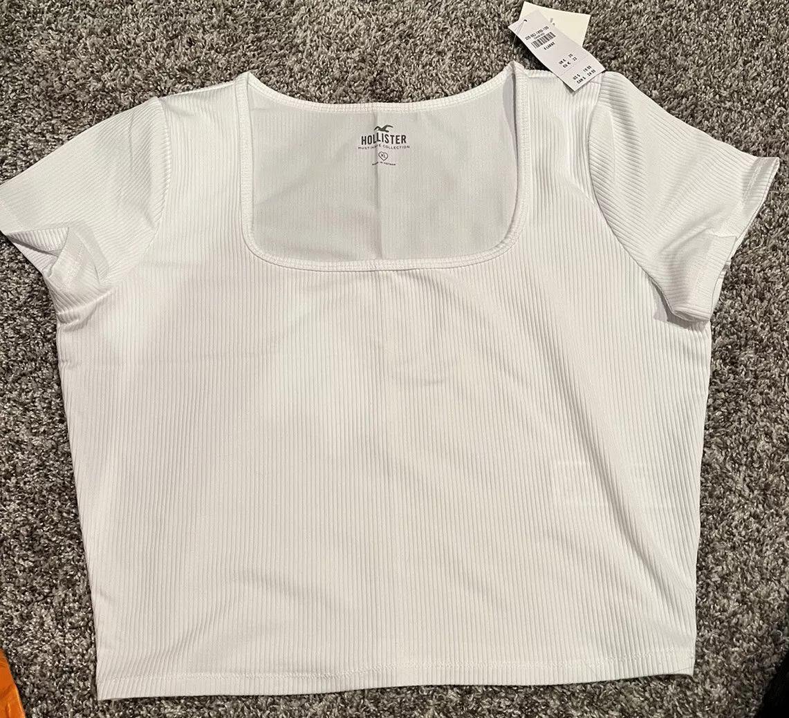 Hollister White Ribbed Fabric Square Neck Ladies T-shirt Size XL