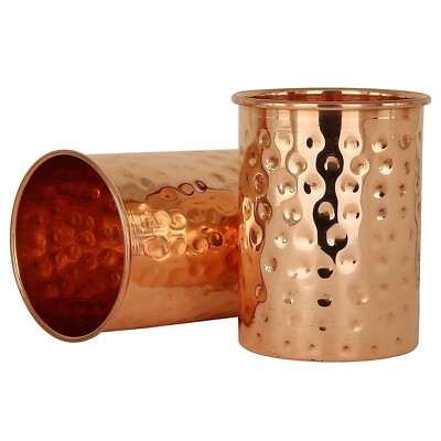 Copper Water Glass Drinking Tumbler Hammered For Ayurvedic Health Benefits 2 Pcs