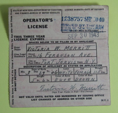 1943 New York Dept of Taxation Vehicle Registration Operator's License