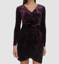 Guess Women's Purple Velvet Ruched Front Long Sleeve Dress Size 16