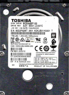 MQ04ABF100 AAH BB31/JU007C, HDKJB01H0A01 T TOSHIBA SATA 1TB 3KH