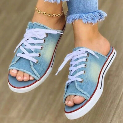 Women Canvas Sandals Slippers Lace Up Open Toe Ladies Faux Denim