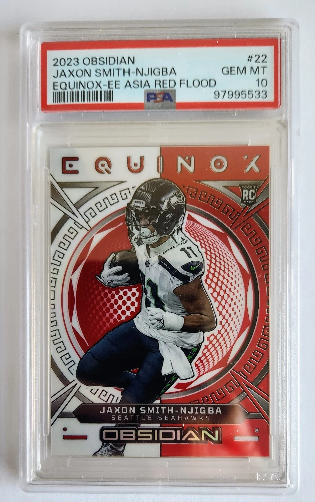 Jaxon Smith-Njigba Panini Obsidian Equinox #22 Electric Etch Asia Red Flood