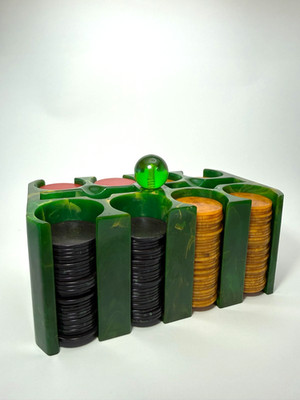 Vintage Bakelite Poker Caddy Green with Butterscotch Marbling w/ Chips