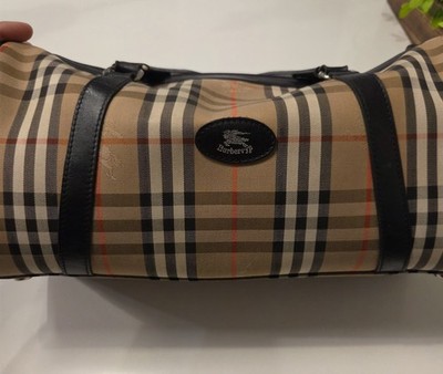 Burberrys Vintage Plaid Designer Duffle Bag Women's Double Leather