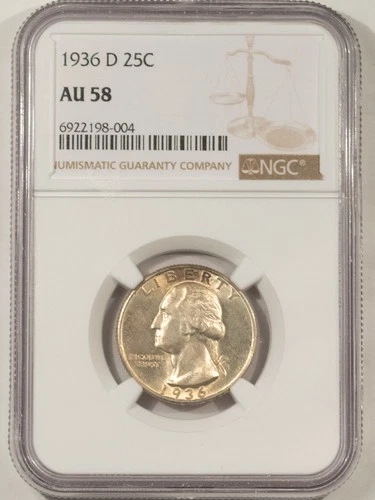 1936-D WASHINGTON QUARTER - NGC AU-58, NICE, FRESH, KEY DATE!