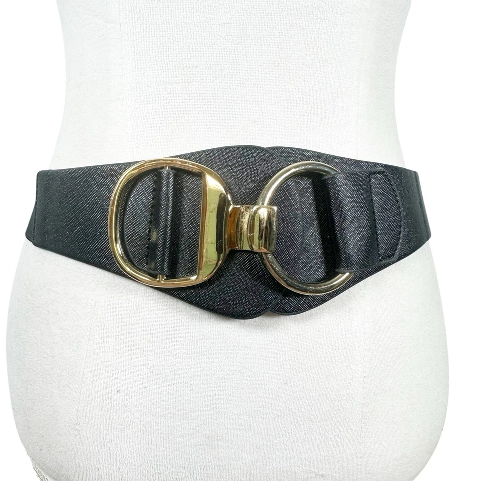 Large Black Statement Belt Hook N Loop Goldtone Buckle Corset Chic Boho Size M/L - Image 2 of 4