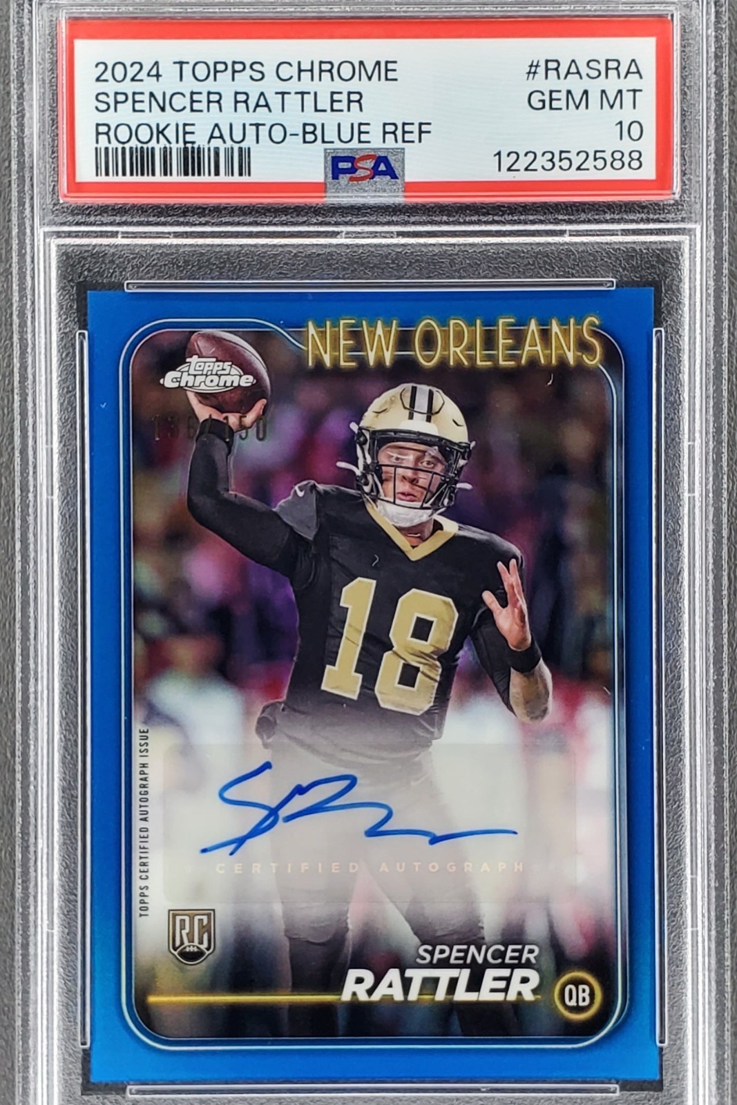 2024 Topps Chrome Rookie Auto Blue Refractor Spencer Rattler Gem Mint 10 SP /150